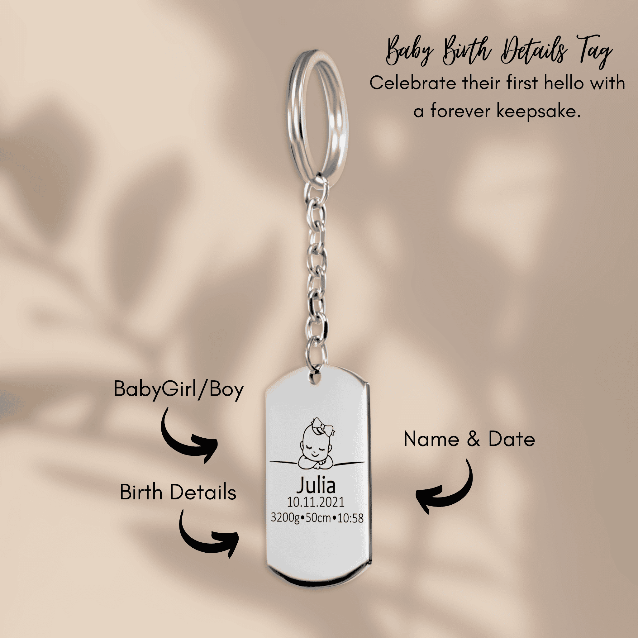 Baby Birth Details Tag Keychain